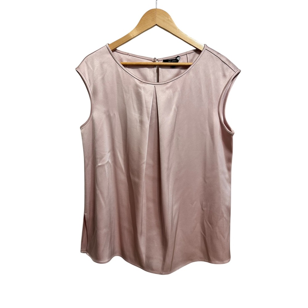 ST JOHN Pink Satin Cap Sleeve Pleated Front Blouse Top Women's Size L‎